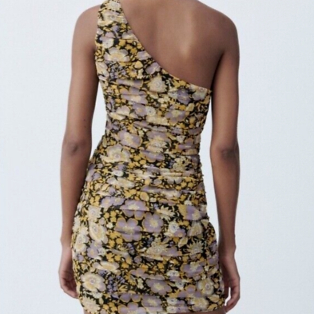 Zara - Yellow Purple Floral Glitter Drape One Shoulder Bodycon Dress -Size S NWT - Picture 2 of 7